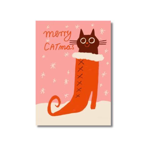 Postkarte 'Merry Catmas' – Katze im Stiefel Slinga