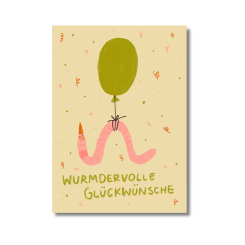 Postkarte 'Wurmdervolle Glückwünsche' – Wurm an Luftballon Slinga