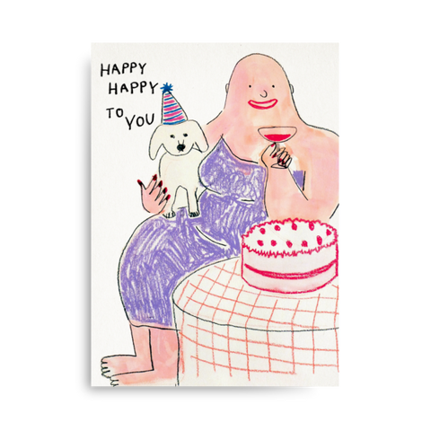 Postkarte 'Happy happy to you' – Frau mit Hund und Torte Farina Kuklinski