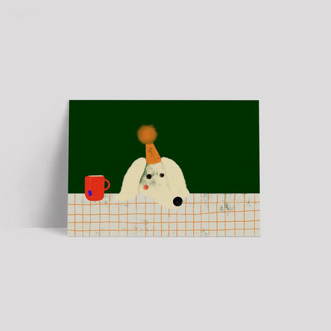 Postkarte 'Hund und Tee am Tisch' – Geburtstag Framboise und Ketchup