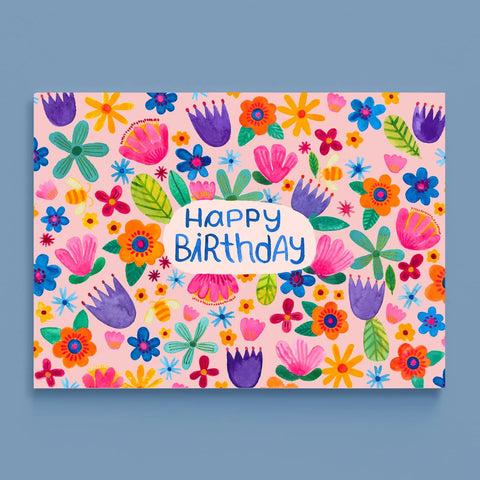 Postkarte 'Happy Birthday' – Blumenmuster