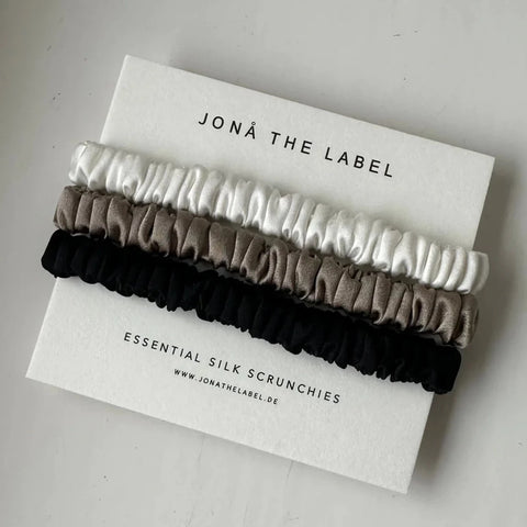 3er Set Essential Silk Scrunchies weiß braun schwarz Jona the Label