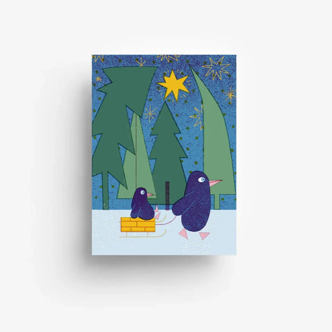 Postkarte 'Pinguine mit Schlitten' jungwiealt