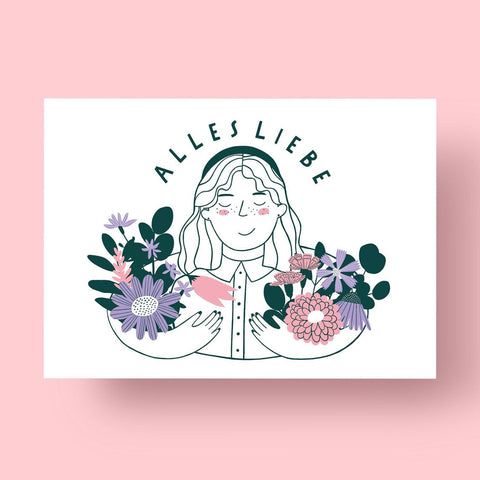 Postkarte 'Alles Liebe' – Frau mit Blumen Notietzblock