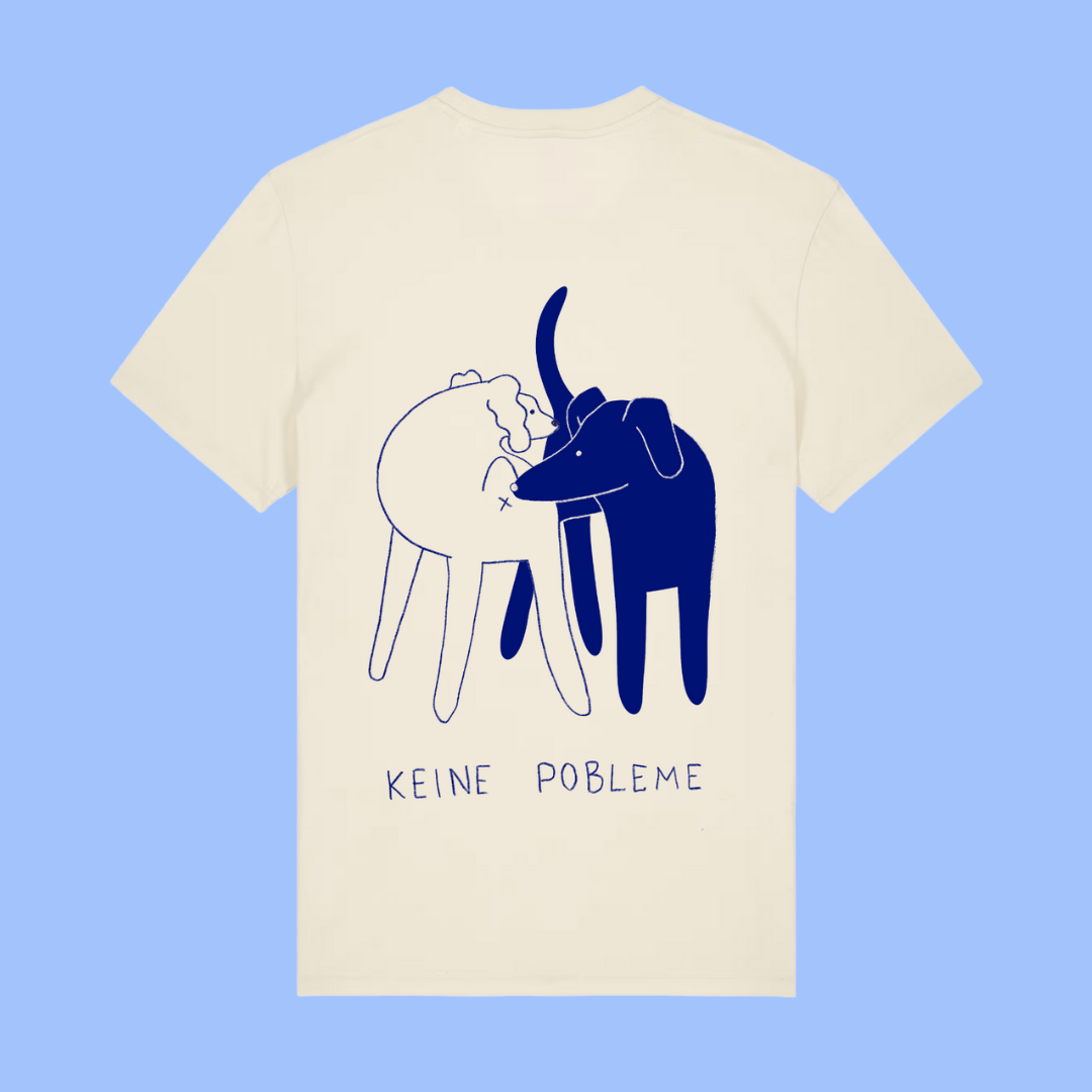 T-Shirt 'Keine Pobleme' – beige/blau pinke distel