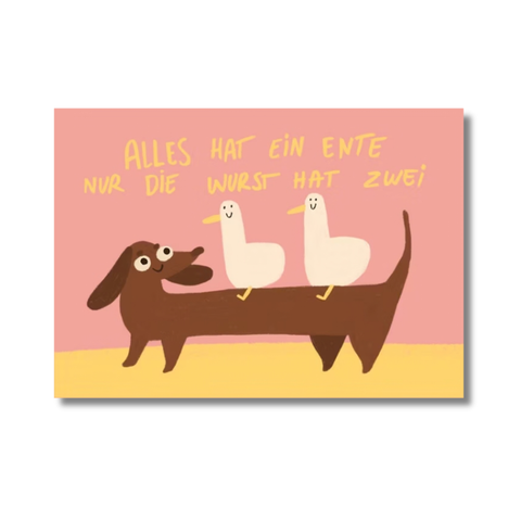 Postkarte 'Alles hat ein Ente nur die Wurst hat zwei' – Dackel mit Enten Slinga