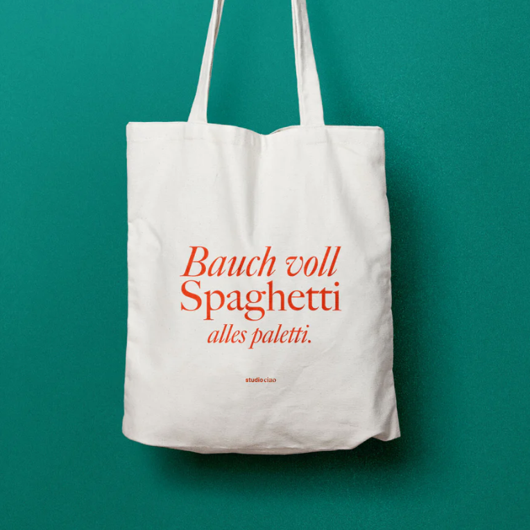 Jutebeutel 'Bauch voll Spaghetti, alles paletti' Viel Spass Studio