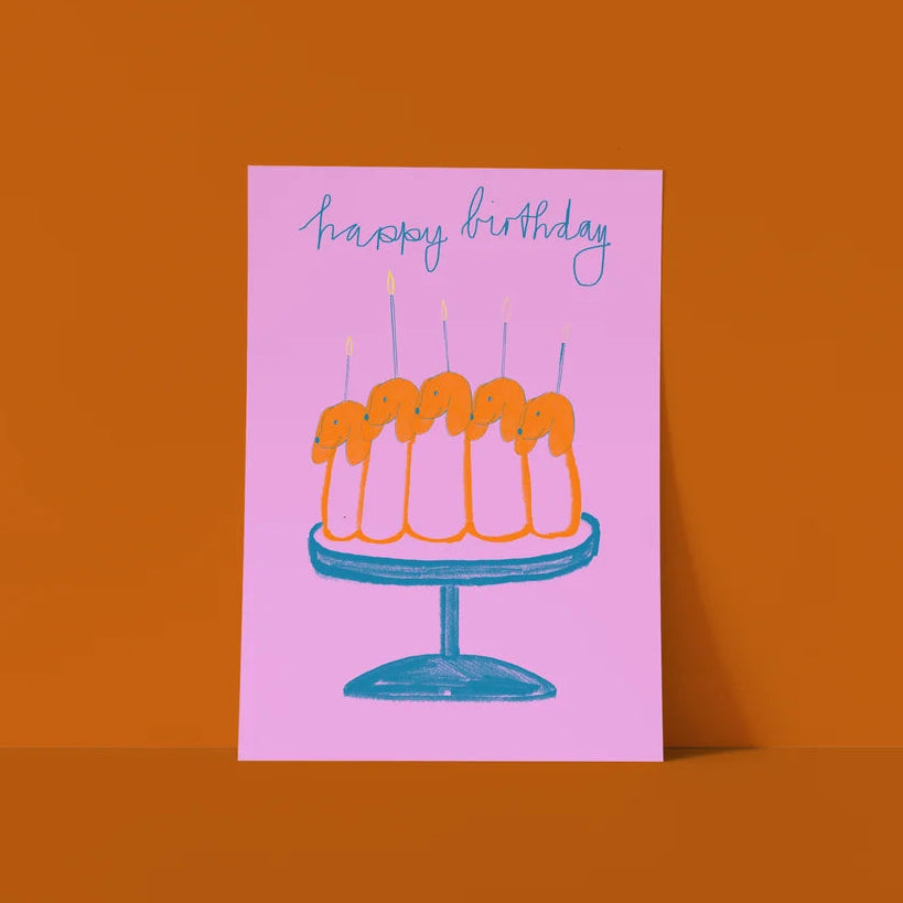 Postkarte 'happy birthday' – Kuchen mit Hunden Framboise und Ketchup