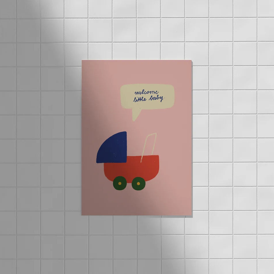 Postkarte 'welcome little baby' – Kinderwagen Framboise und Ketchup