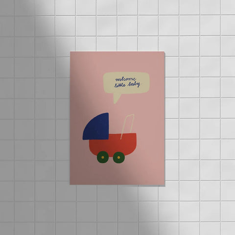 Postkarte 'welcome little baby' – Kinderwagen Framboise und Ketchup
