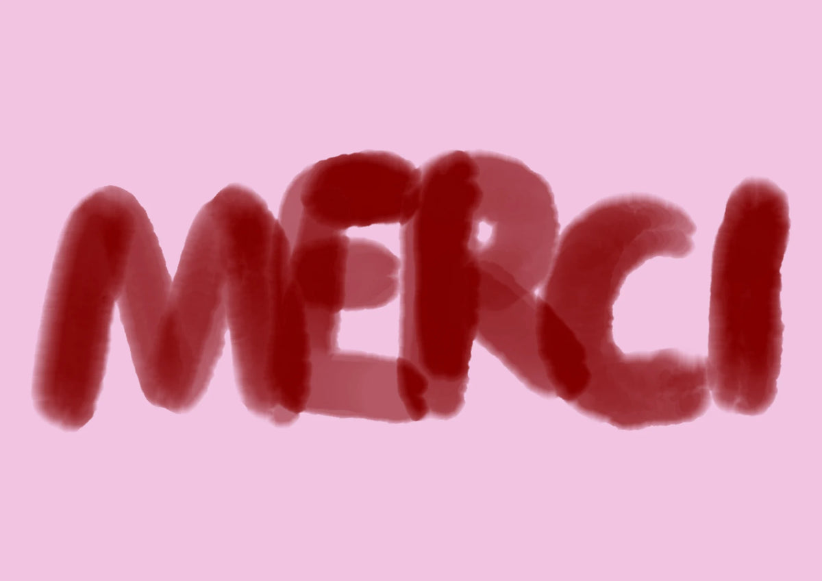 Postkarte 'Merci' – rosa Hintergrund/rote Schrift Framboise und Ketchup