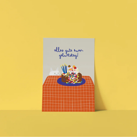 Postkarte 'alles gute zum geburtstag!' – Kuchen mit Katze Framboise und Ketchup