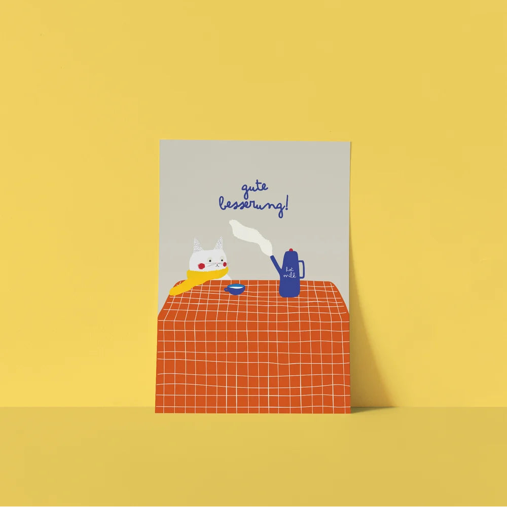 Postkarte 'gute besserung!' – Katze mit hot milk Framboise und Ketchup