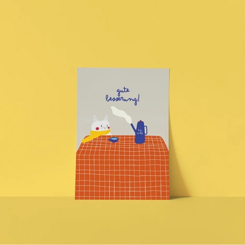 Postkarte 'gute besserung!' – Katze mit hot milk Framboise und Ketchup