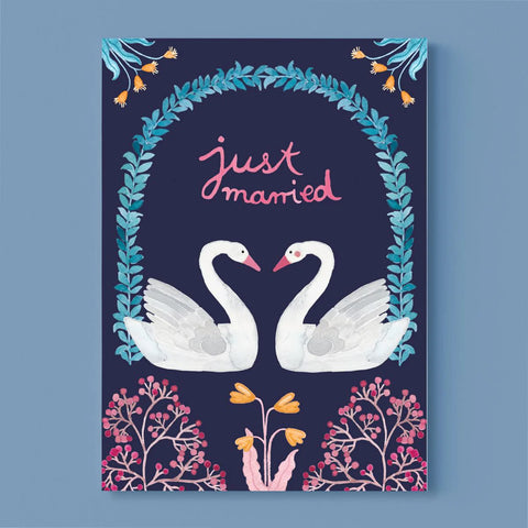 Postkarte 'just married' – Schwäne