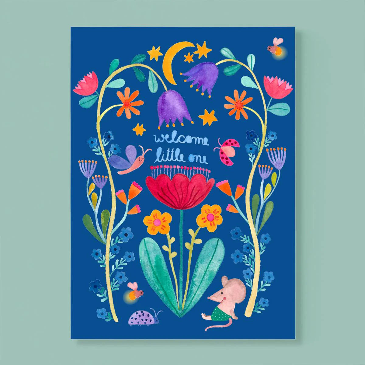 Postkarte 'Welcome little one' – Maus mit Blumen/blauer Hintergrund Frau Ottilie