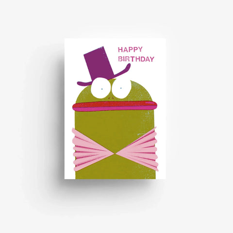 Postkarte 'Happy Birthday' – Frosch mit Zylinder jungwiealt