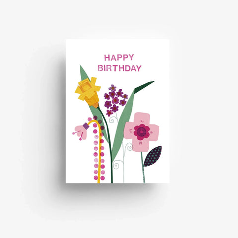 Postkarte 'Happy Birthday' – Blumen – rosa Schrift