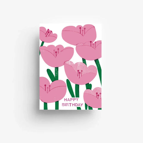 Postkarte 'Happy Birthday' – Rosa Blumen