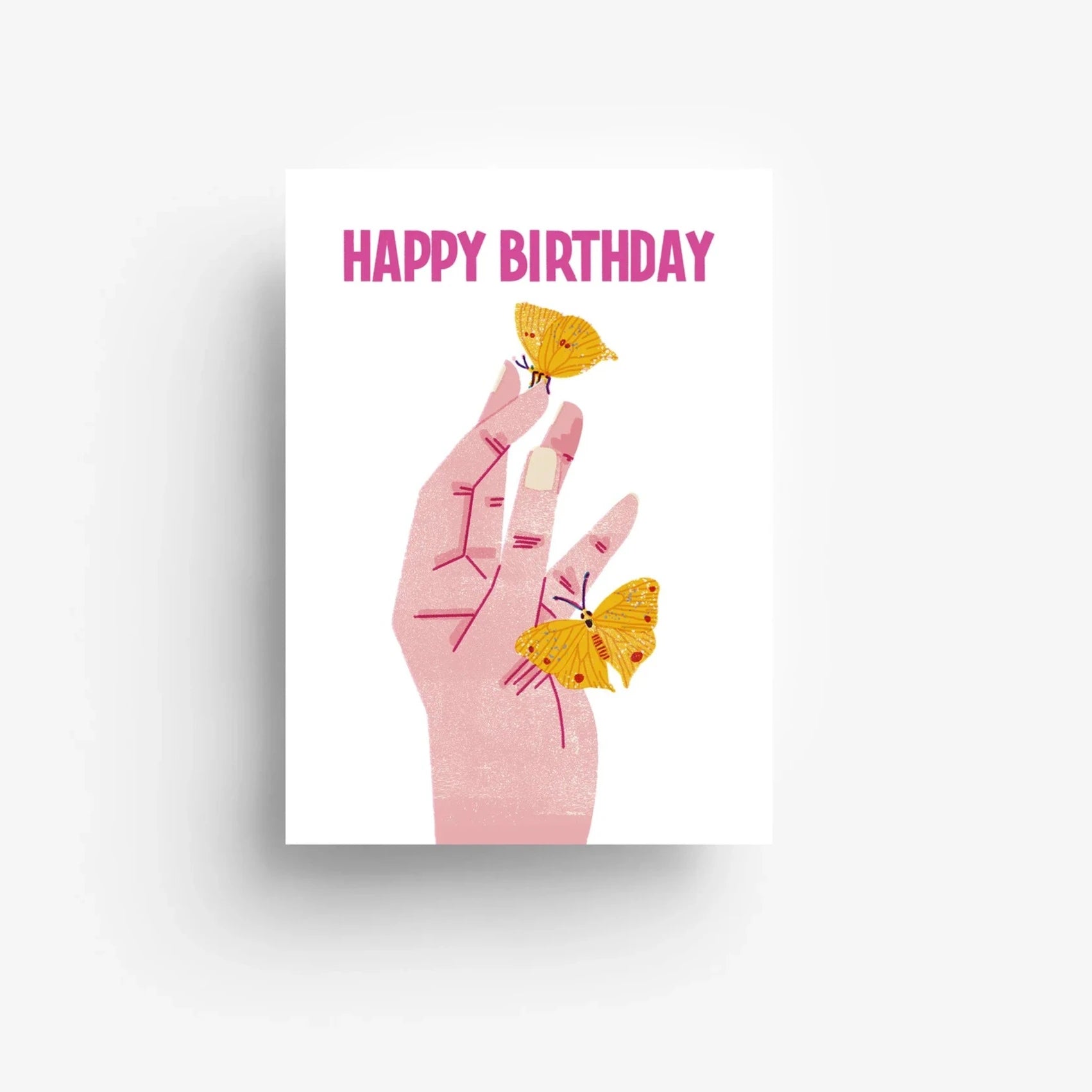 Postkarte 'Happy Birthday' – Hand mit Schmetterling jungwiealt