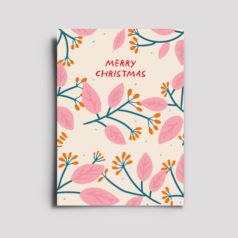 Postkarte 'Merry Christmas' – rosa Blätter