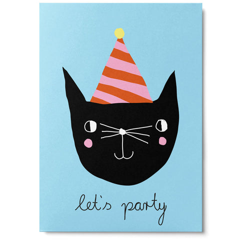 Postkarte 'Let's Party' – Katze mit Hut Unter Pinien